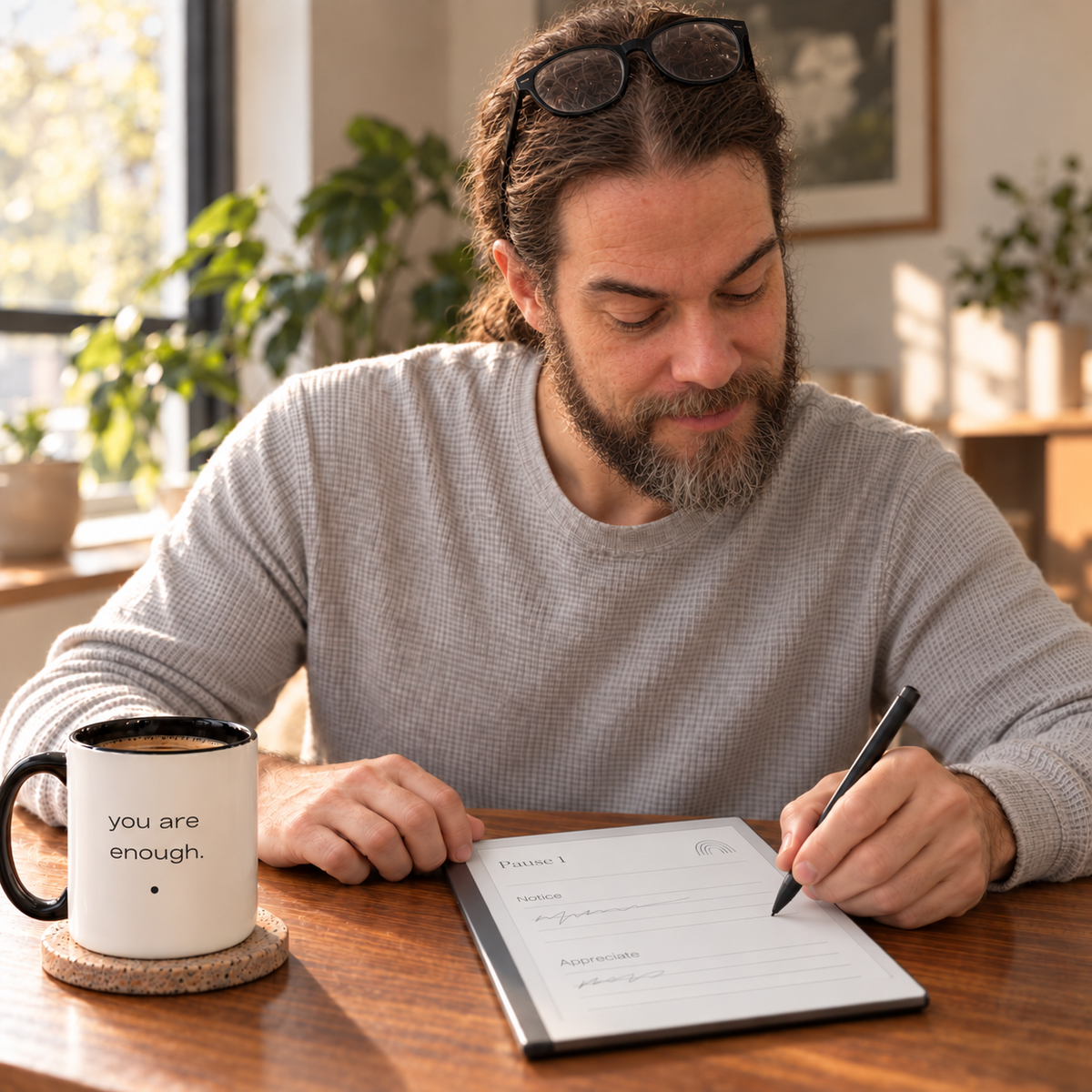 Illustrative lifestyle image of Joseph Sorge looking down at his tablet while writing left-handed in a guided journal beside a you are enough mug.